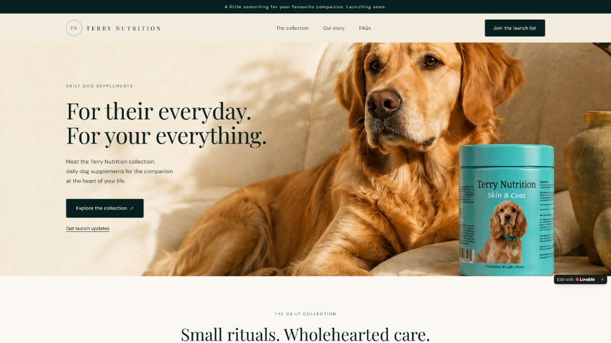 Terry Nutrition homepage showing the dog supplement brand hero