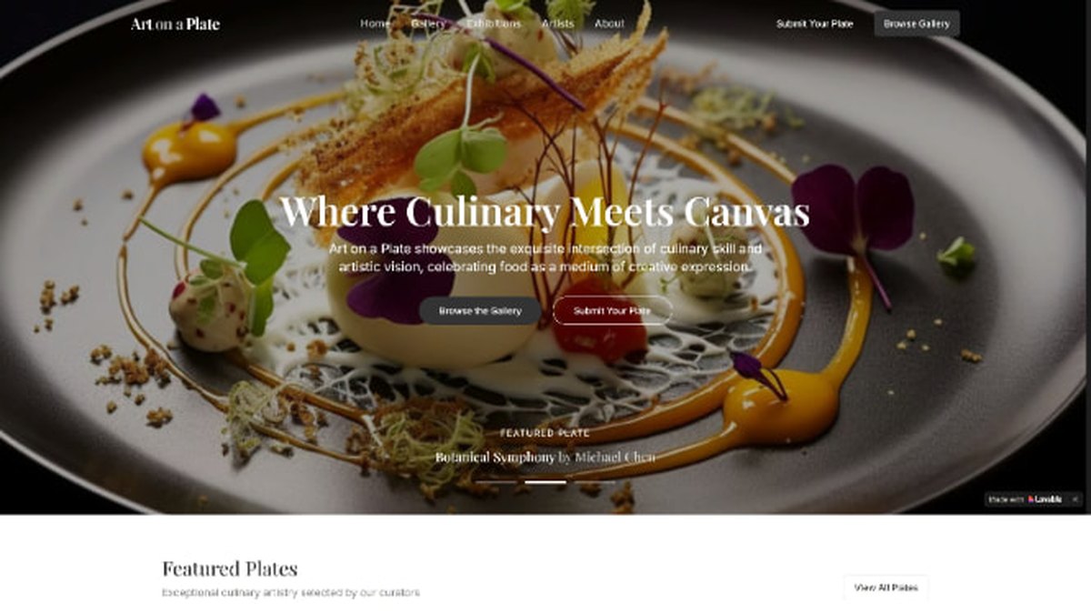 Art on a Plate homepage showing the culinary gallery hero and featured plates