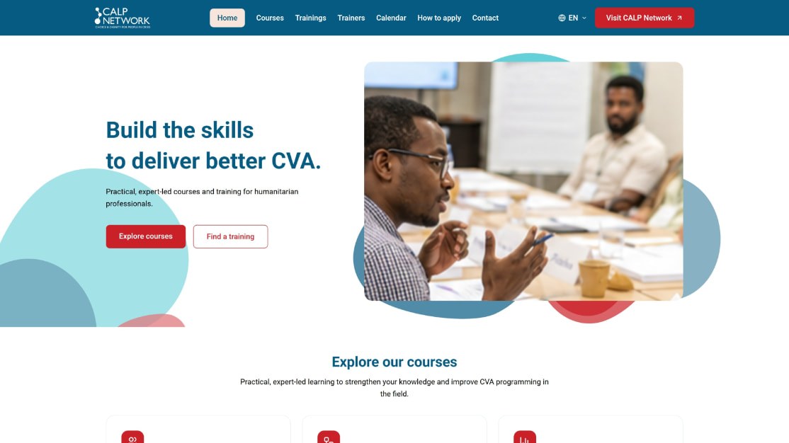 CALP Network training website homepage showing courses and upcoming trainings